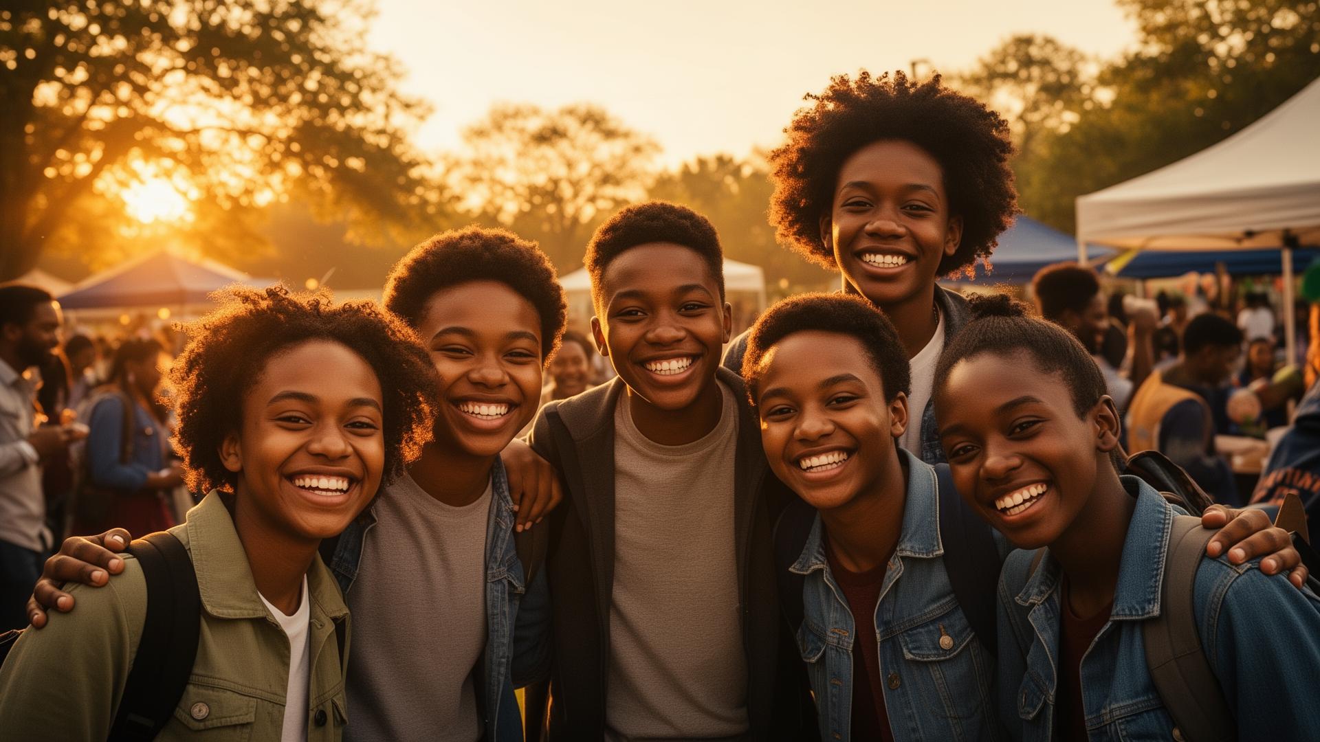 Students smiling together at a community event